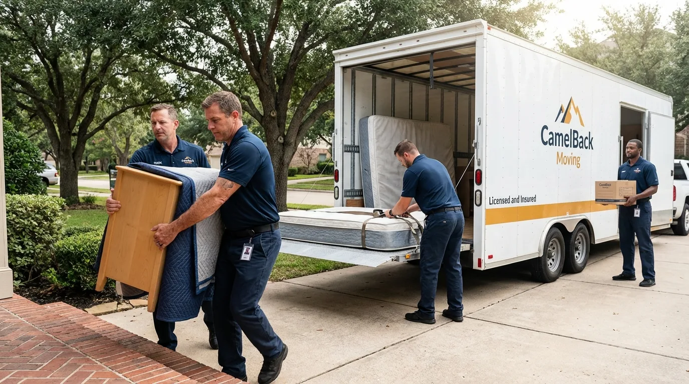 Crew loading residential truck for cross-state move from Marengo, IL