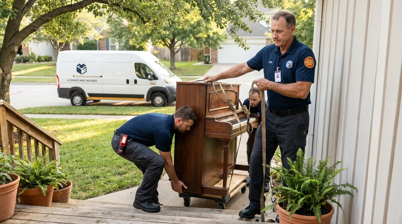 Licensed piano movers securing grand piano in Marengo, IL