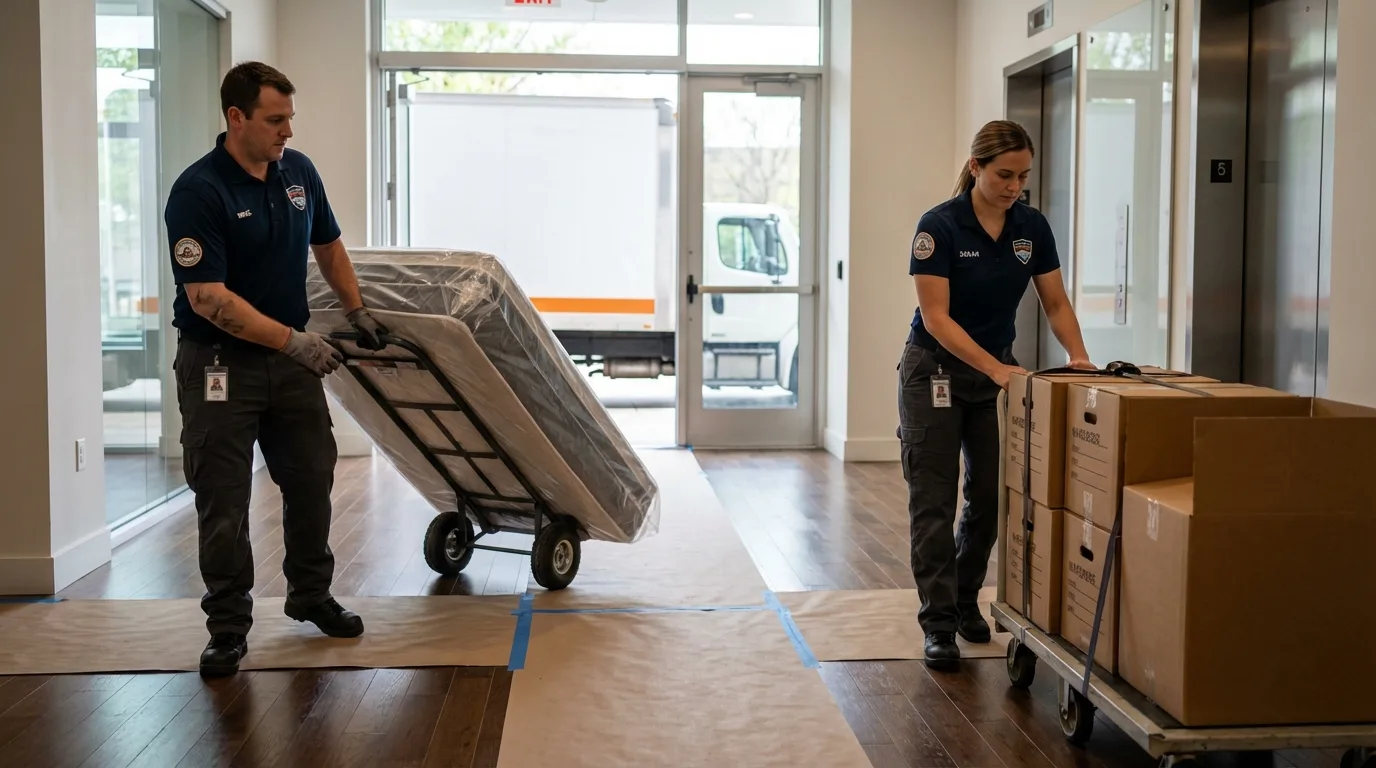 Professional apartment movers loading elevator in Marengo, IL